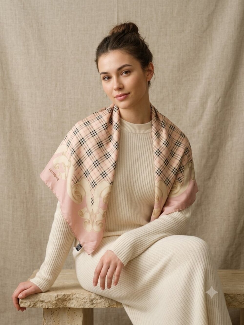 Authentic Vintage Burberrys Silk Square Scarf Nova Check Pink Gold Luxury 0705